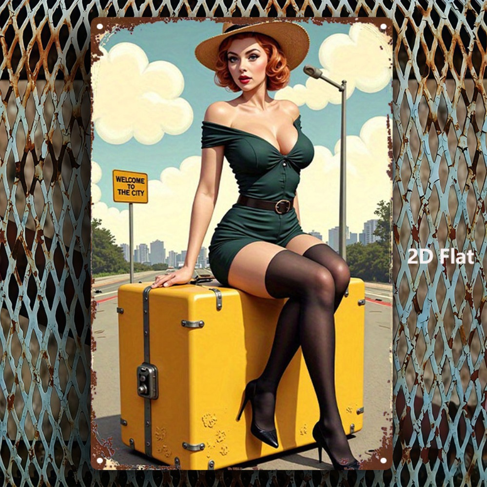 Home Bar And Kitchen - Metallschild „Vintage Beauty with Suitcase“ –
