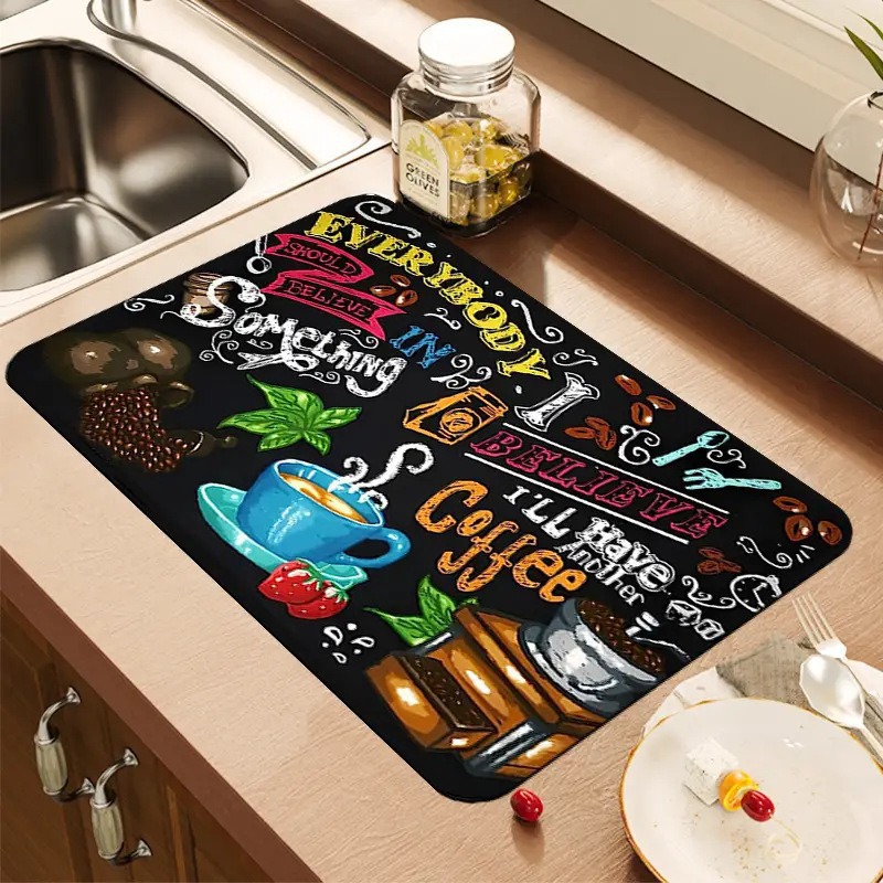 Bar Mat Rubber - Kreative Kaffee-Print Küchen-Trockenmatte Weiche Gummi-Rutschfeste Saugfähige