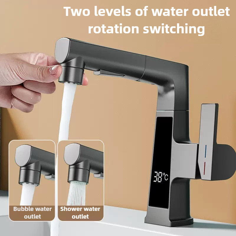 Home Bar Sink - Digitalanzeige, ziehender Wasserhahn, intelligenter Temperatursensor, Messing-Waschtischarmaturen,