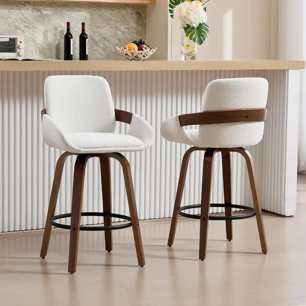 Home Bar Stools - Beige Stoff-Drehbarhocker mit Rückenlehne, Walnuss-Bentwood-Stil, 2er-Set