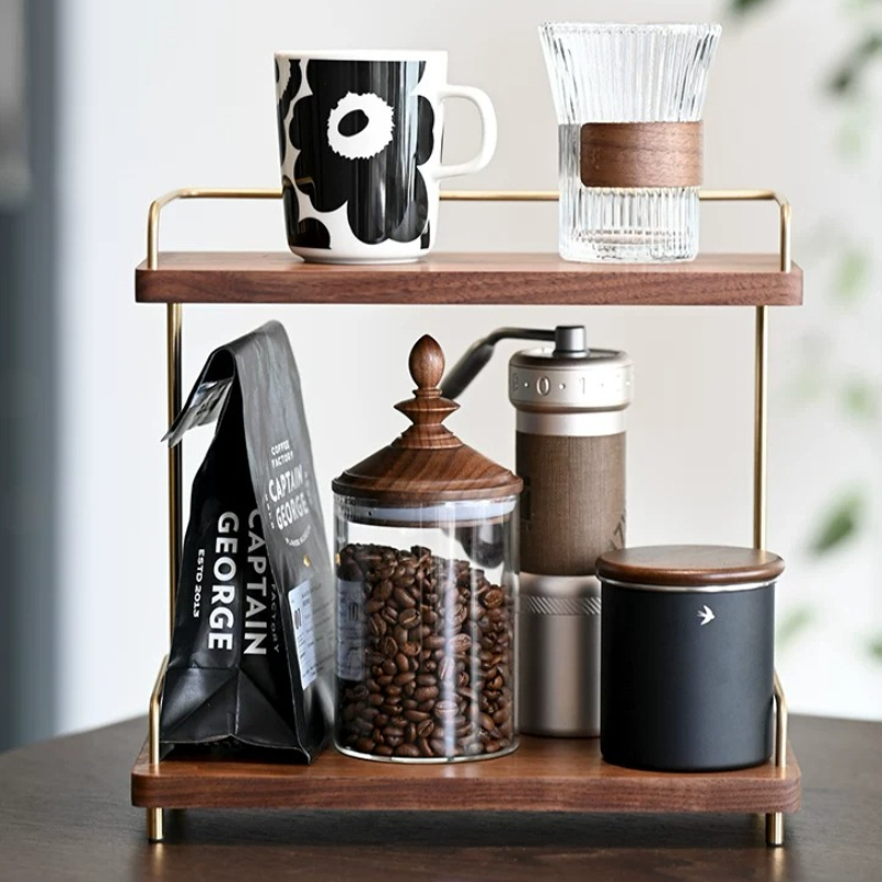 Home Bar Shelves - Schwarznuss 2-stöckiger Tassenorganizer für Küche, Tassenständer