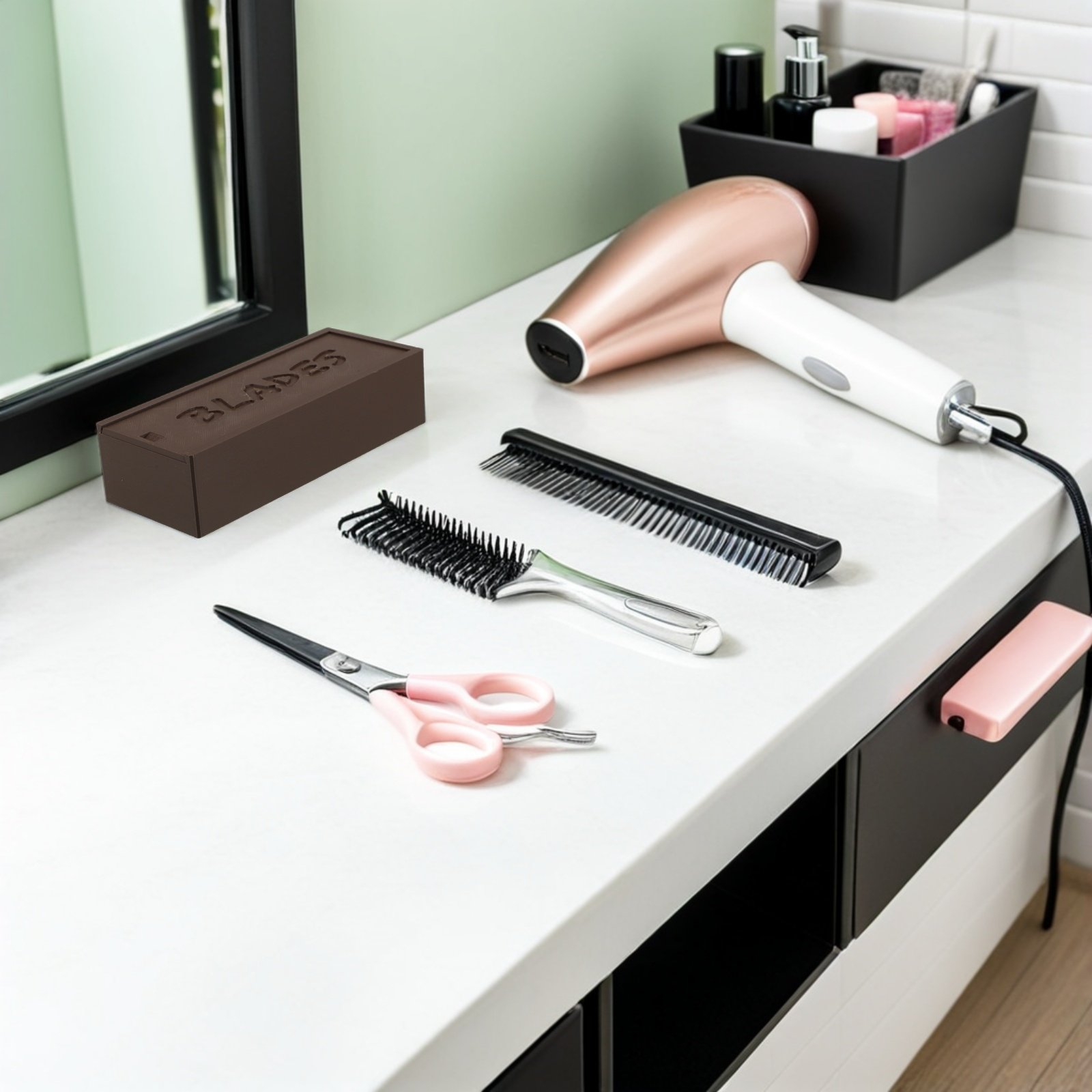 Home Barber - Braune Doppelkammer-Klingenbox aus Kunststoff, Clipper-Halter, Badezimmer-Organizer
