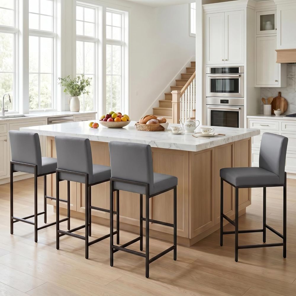 Home Bar Stools - Set aus 4 grauen, gepolsterten Kunstleder-Barhockern